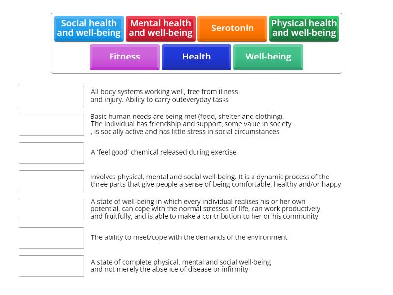 Physical, emotional and social health, fitness and well-being - Match up