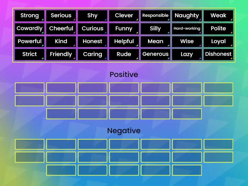 Positive Negative Adjectives Group Sort