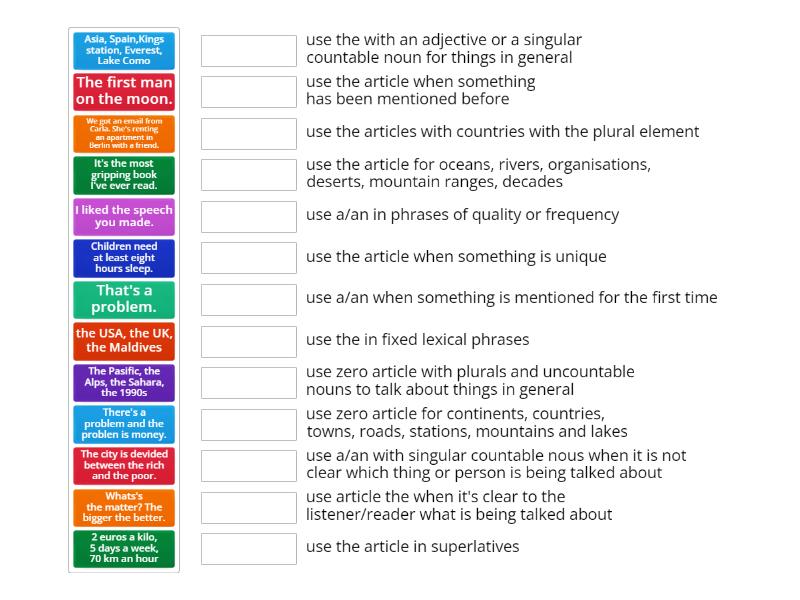 Speakout B2. Unit 5 articles. rule revision (part 2) - Match up