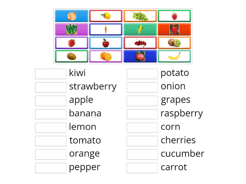 Grade 1 food and drinks. fruits and vegetables - Match up