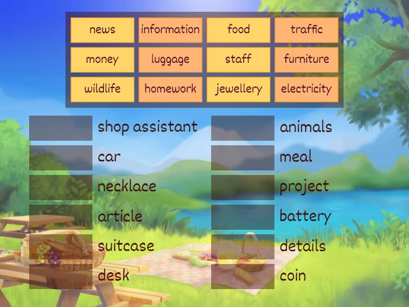 Complete the table. Match the countable nouns in the box to the ...