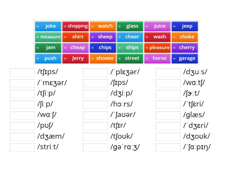 nối từ với phiên âm | 4 âm /tʃ/ /dʒ/ /ʃ/ /ʒ/ - Match up