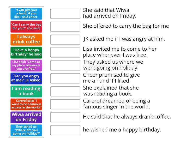 Reported speech wordwall m 5 9 no 18 match up