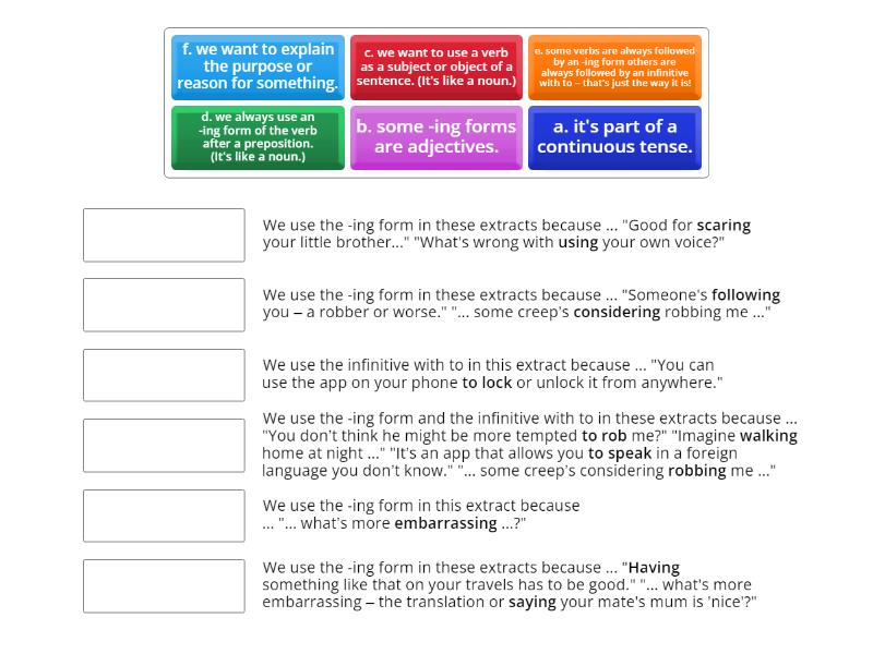 Unit 14 Grammar Infinitive and -ing forms - Une las parejas