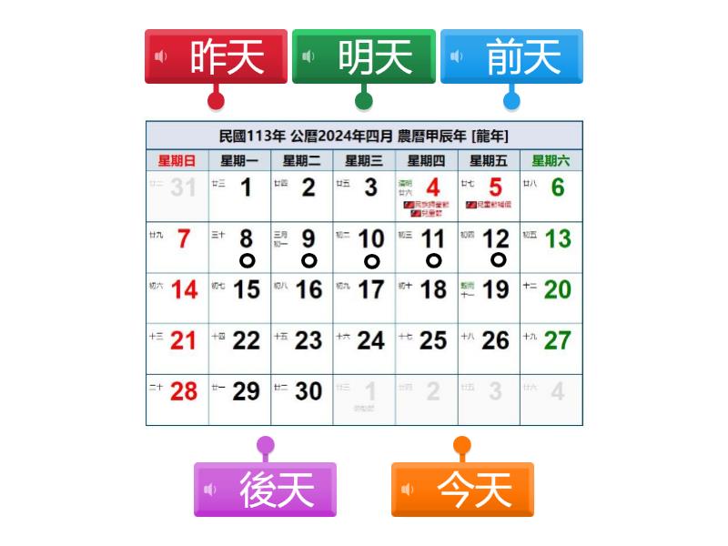 連連看：請按日期410把『前天、昨天、今天、明天、後天』連一連。 - Labelled diagram