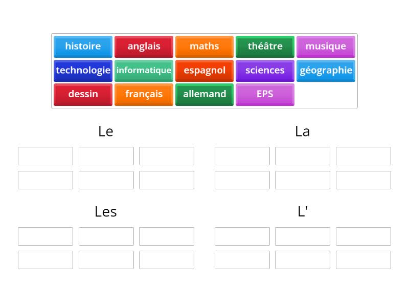 5 L5 Expansion - Le/la/les/l' French Y7 school subjects - Group sort