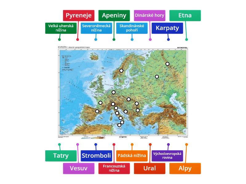 Evropa - slepá mapa - povrch - Označený diagram