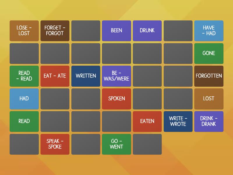 Irregular Verbs Past Participle Memory Game Matching Pairs