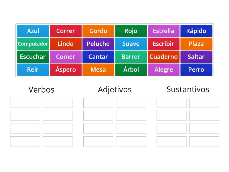 Verbos Adjetivos Y Sustantivos Ordenar Por Grupo