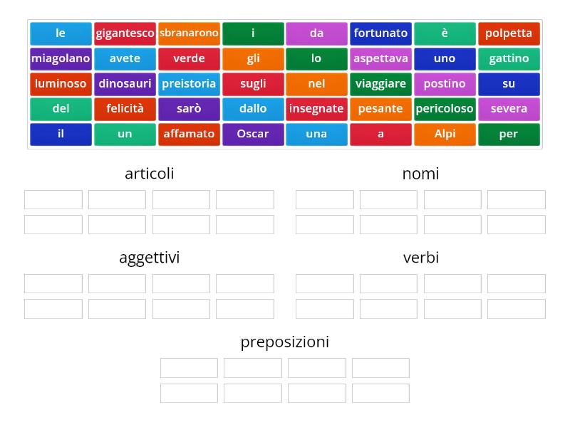 Articoli- nomi- aggettivi- verbi- preposizioni - Group sort