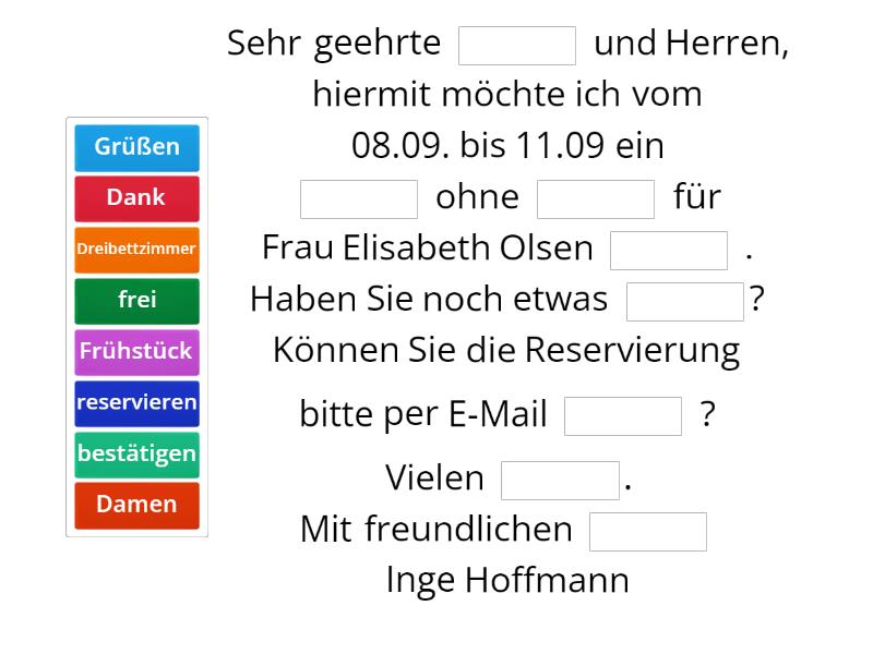 E-Mail Reservierungsanfrage - Complete the sentence