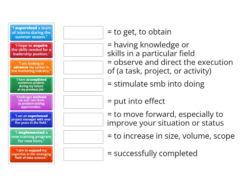 Job interview vocabulary (verbs) - Match up