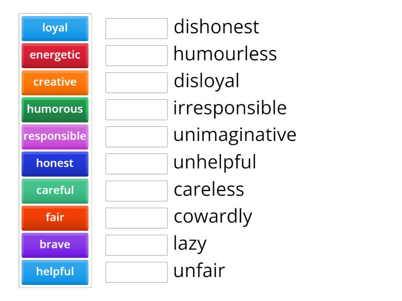 Character adjectives. Opposites - Match up