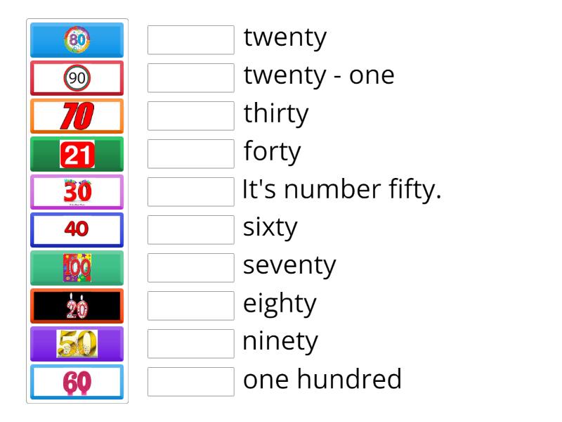 Numbers 10 to 100 - Match up