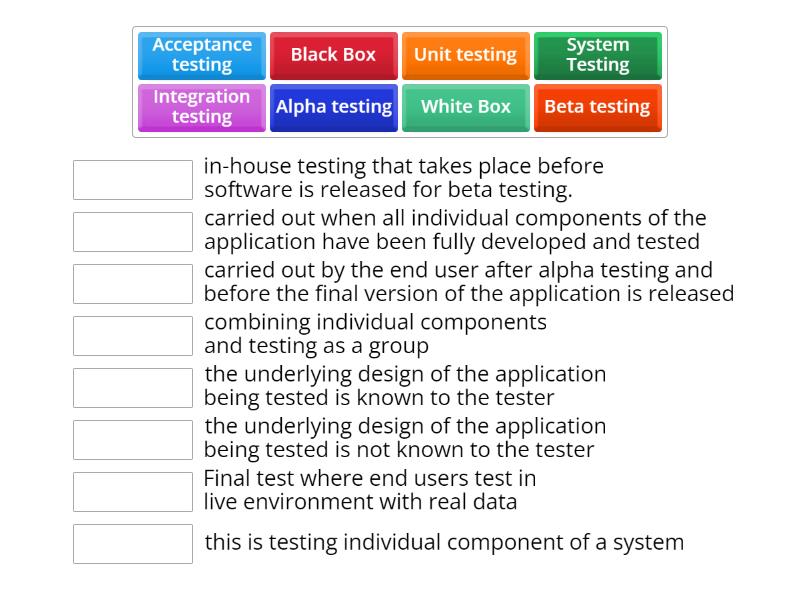 Testing Approaches drag and drop AS Level - Match up