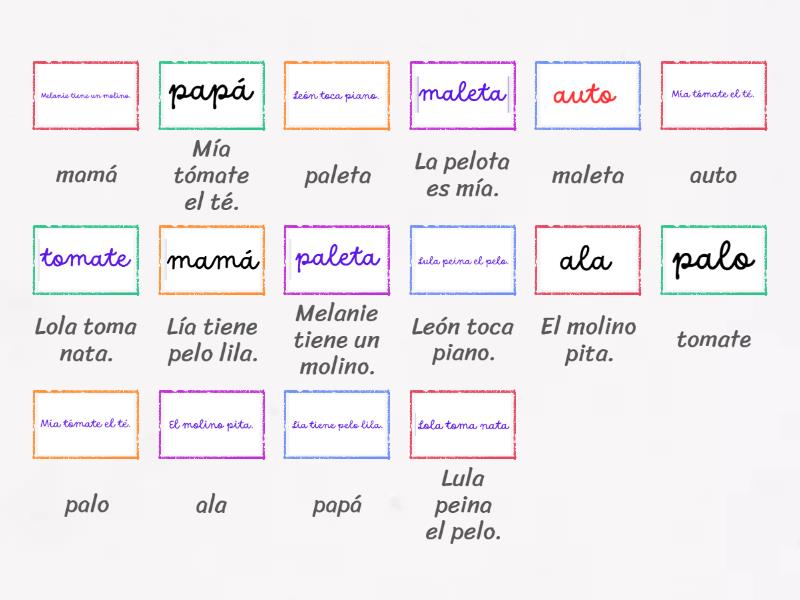 Cursiva con imprenta primer grado l,m,n,p, ty vocales. - Une las parejas