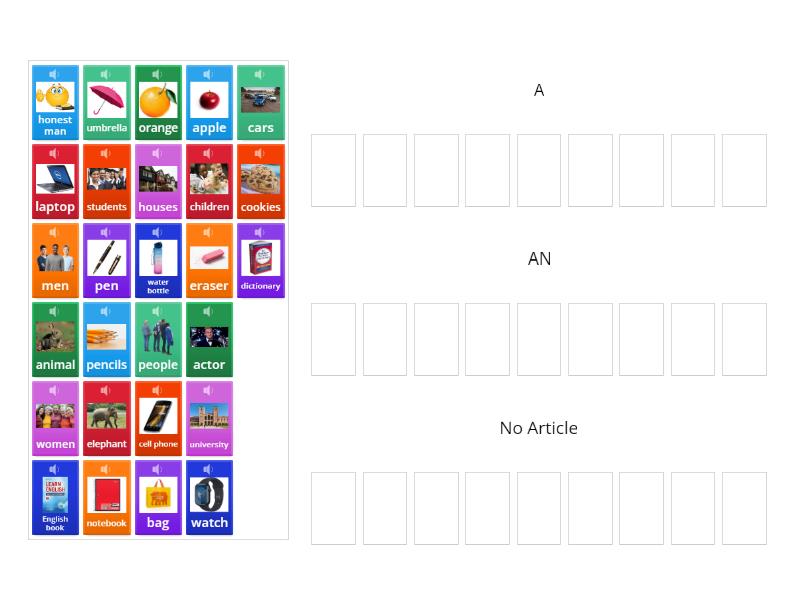 Article Practice: A / An / No Article - Group sort