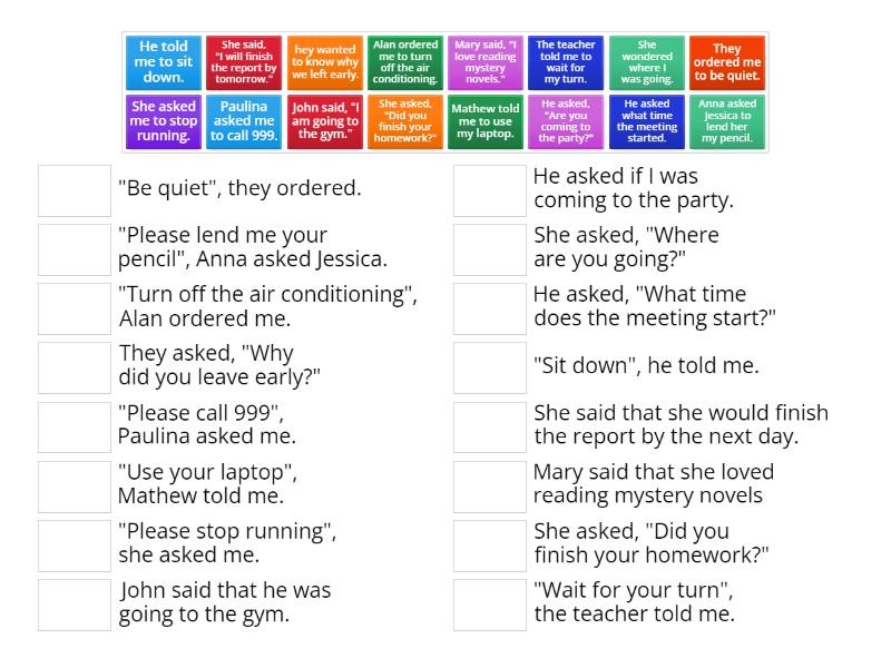 Reported Speech Commands, Requests, questions and statements - Match up