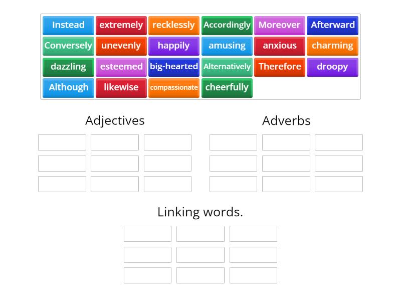 Adjectives, adverbs & linking words - Group sort