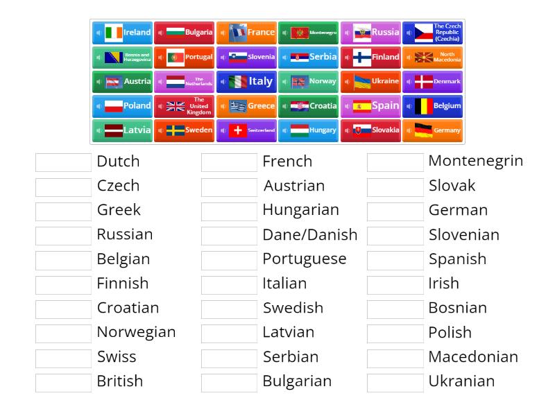European countries and nationalities - Match up