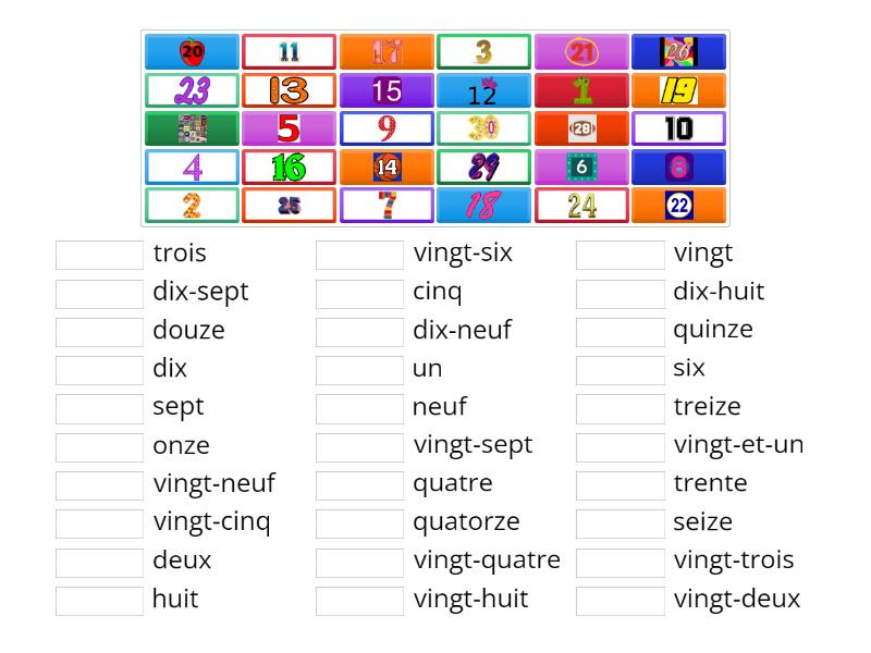 French numbers 1-30 - Match up