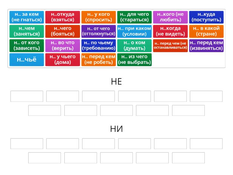 НЕ и НИ в местоимениях. Упражнение 2 - Групповая сортировка