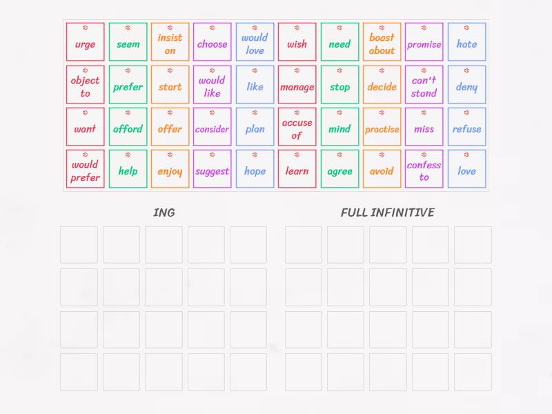 Verbs With Ing And Full Infinitive Ordenar Por Grupo