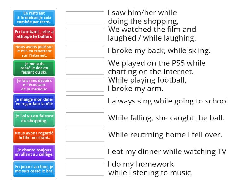 French Present Participle Sentences. Match up