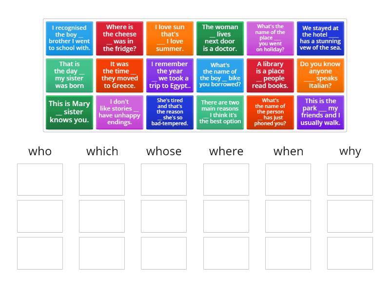 Relative Pronouns_who, which, whose, when, where, why - Ordenar por grupo