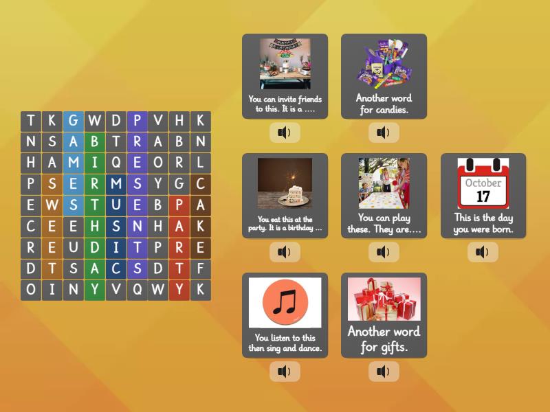 Birthday Crossword sweets, music, games, cake, birthday, presents