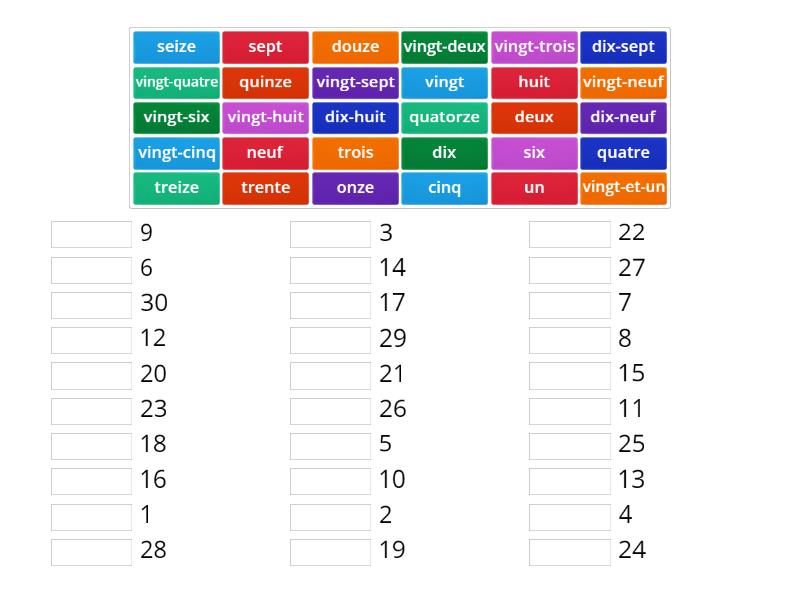 French Numbers To 30 Match Up