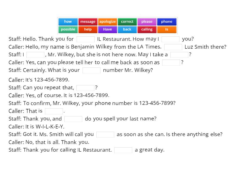 Phone Message Conversation - Complete the sentence