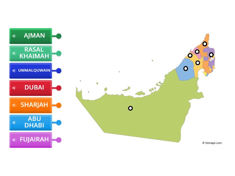 Locate the seven emirates. - Labelled diagram