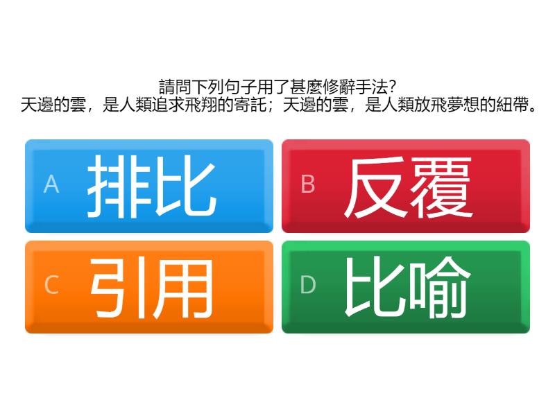 辨析修辭手法：反覆、排比、引用和比喻 - Quiz