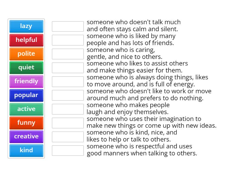 adjectives describing personality - Match up