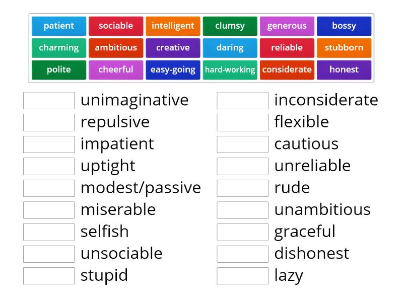 character traits - opposites - Match up