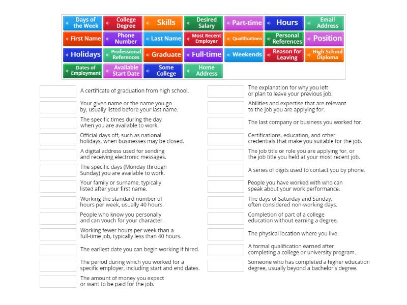 Job Application Vocabulary - Match up