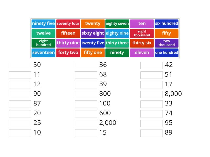 Cardinal numbers - Match up