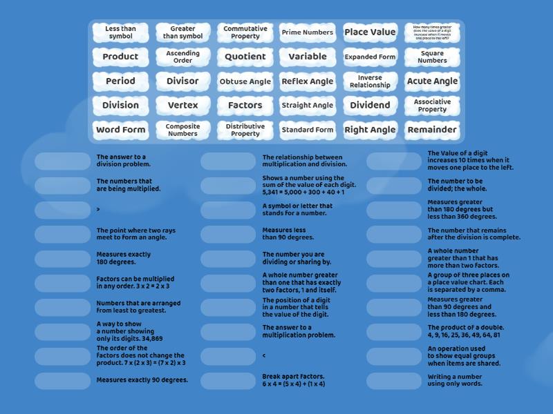 Math Vocabulary Topics 1 - 7 - Match up