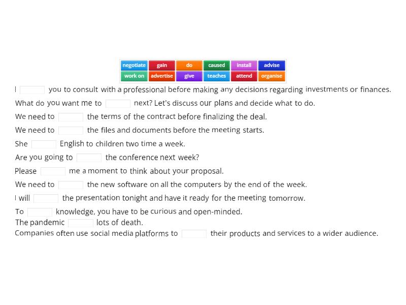 activities at work - Complete the sentence