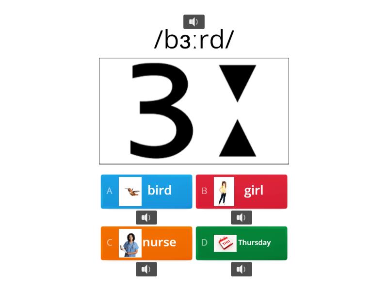 [ə:]/[ɜː]; ir/ur; Vowels; Pronunciation; Phonetic Spelling - Викторина