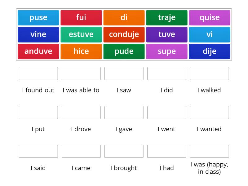 Matching irregular verbs - yo form preterite - with their meanings ...