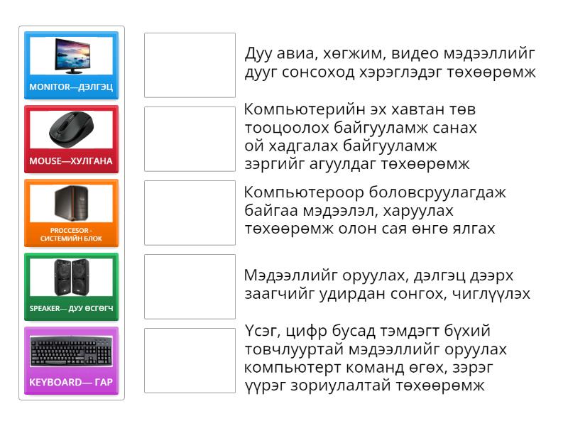 Компьютерын үндсэн иж бүрдлийн үүрэг харгалзуулаарай - Match up