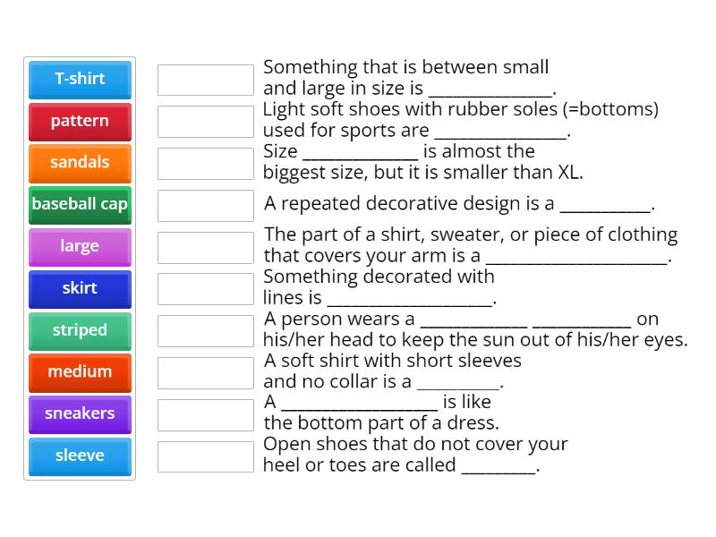 Unit 2 Lesson 5 Patterns, Sizes, and Clothing - Une las parejas