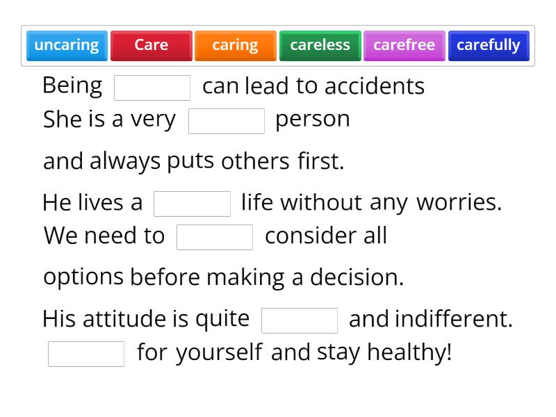 with the word “care” or its derivates given in the box - Complete the ...