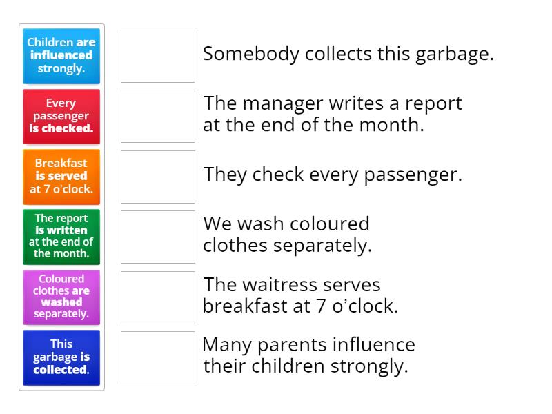 Write the sentences in the passive. Автобус для путешествий. Аэропорт секьюрити. Мужчина и женщина в автобусе. Салон самолета.