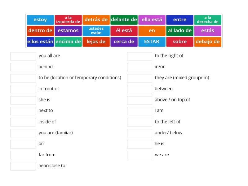 Spanish prepositions of place and ESTAR - Match up