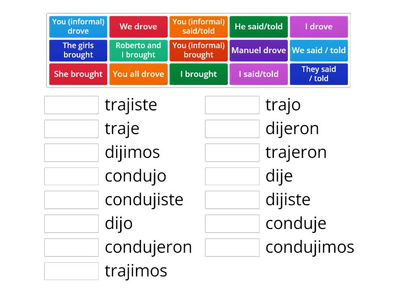 Preterite Tense J Group Decir Traer Conducir Eng Match Up