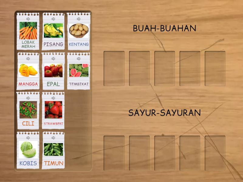 Kelaskan jenis buah-buahan dan sayur-sayuran. - Group sort