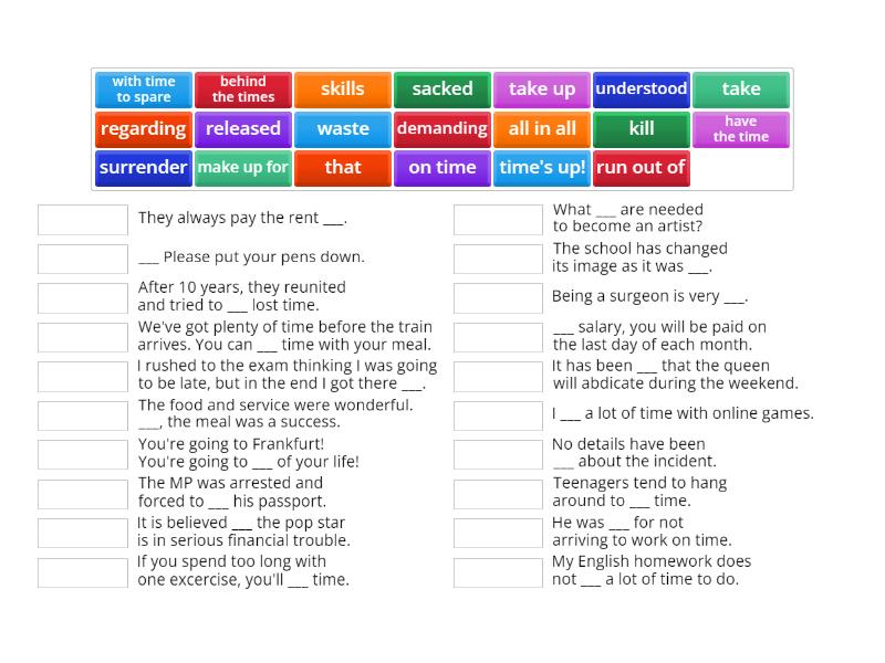Expressions with time. Match the word with the appropriate context ...